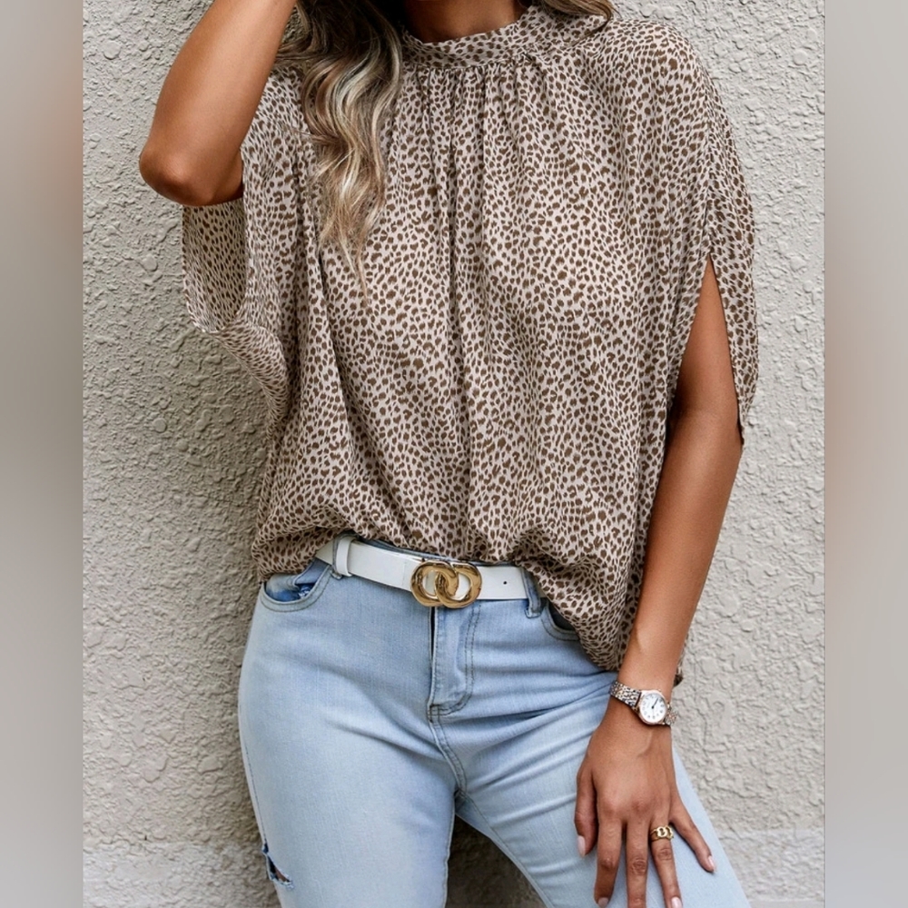 New Luxe Flowy Dot Print Tie Dolman Sleeve Top Blouse Brown Tan Khaki Cream - Picture 1 of 8